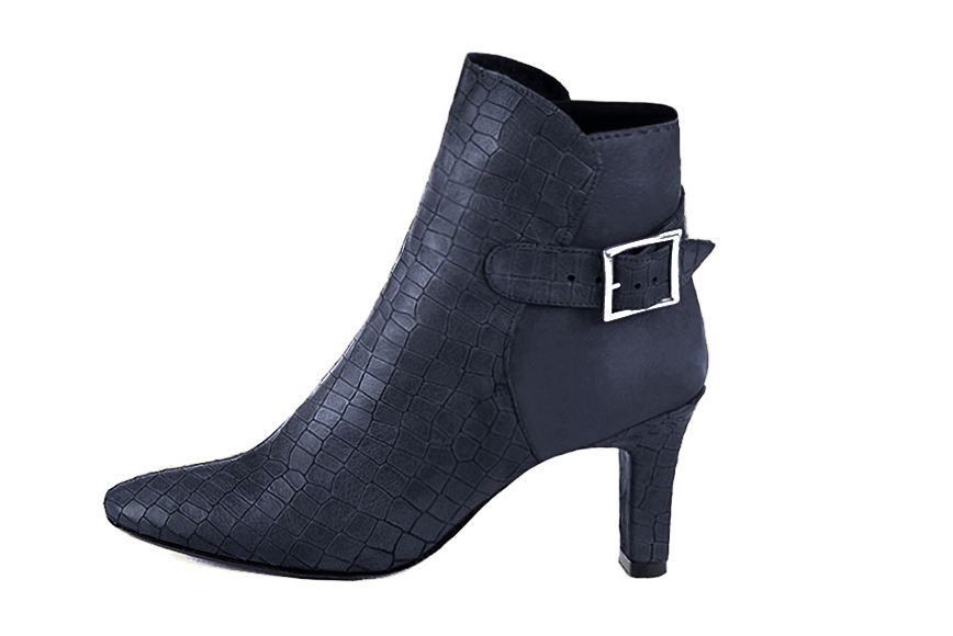 Navy blue women's ankle boots with buckles at the back. Round toe. High kitten heels. Profile view - Florence KOOIJMAN